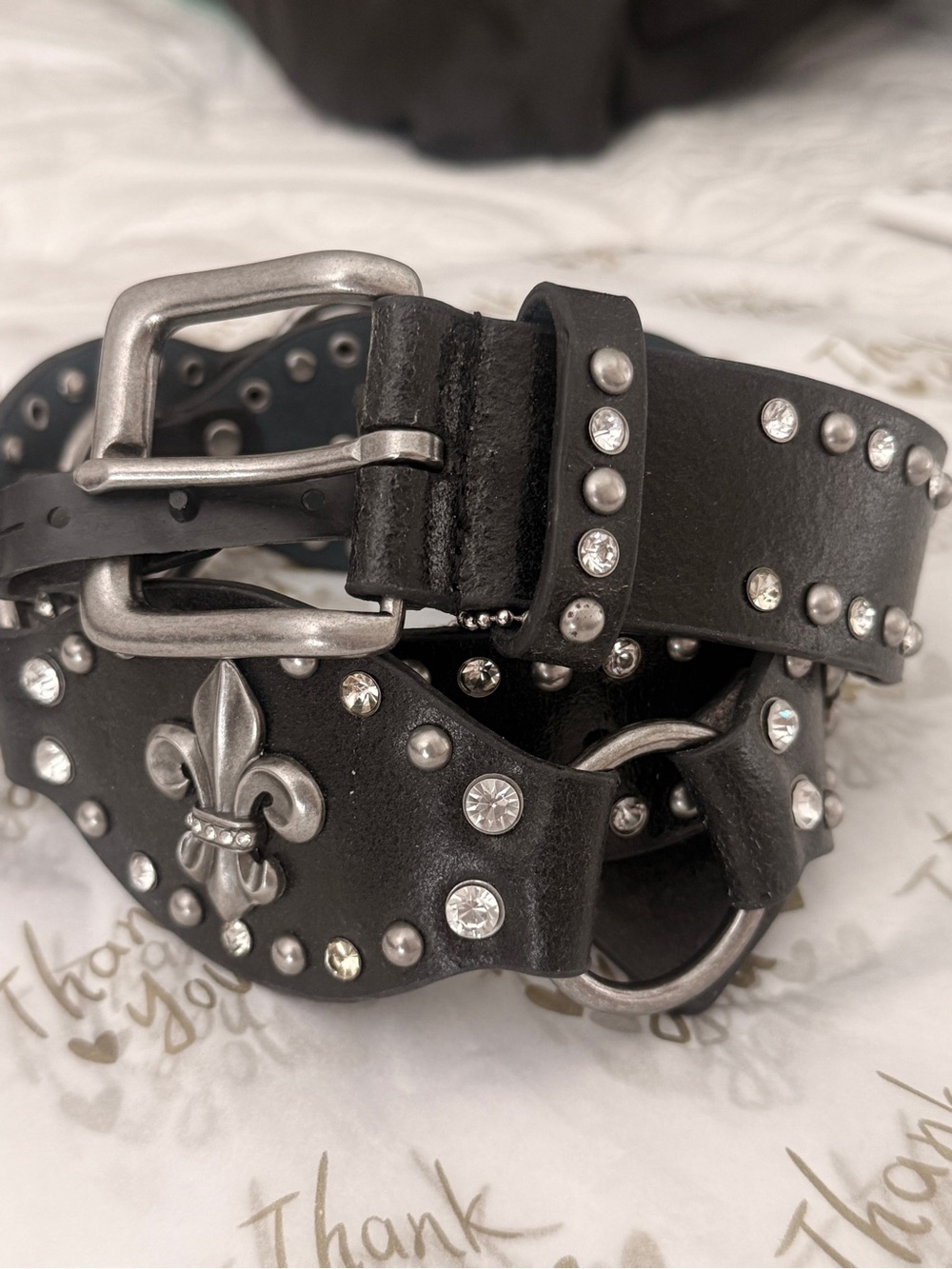 Womans Black Studded Leather Belt with Fleur-de-Lis Accent with Tags